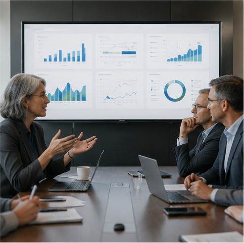 Leadership team reviewing workflow results