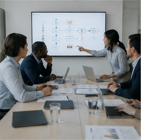 Business team reviewing a workflow implementation plan